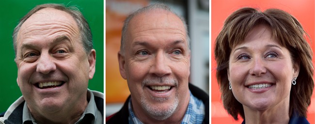 British Columbia Green Party Leader Andrew Weaver, from left to right, NDP Leader John Horgan and Liberal Leader Christy Clark are seen in a combination photo from events on April 6th, 4th and 9th, respectively in Vancouver and Delta.