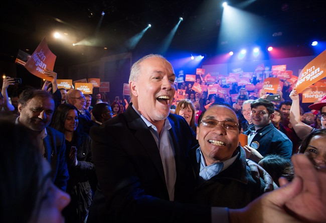 NDP Premier John Horgan greets supporters before speaking during a campaign rally in Vancouver, prior to the May election.
