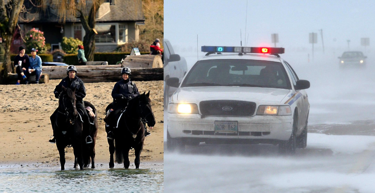 Left: Vancouver Police Department members on horses in Vancouver, B.C. Right: RCMP officer slows down traffic on Highway #1 near Winnipeg, Manitoba. 