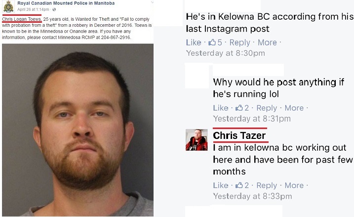 A suspected commented on his own wanted ad and let Manitoba RCMP allegedly know where he is. 
