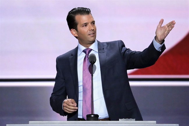In this July 19, 2016 file photo, Donald Trump, Jr speaks during the second day of the Republican National Convention in Cleveland. 