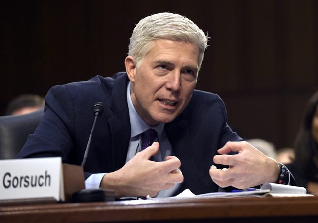 In this March 21, 2017, file photo, Supreme Court Justice nominee Judge Neil Gorsuch testifies on Capitol Hill in Washington during his confirmation hearing before the Senate Judiciary Committee.
