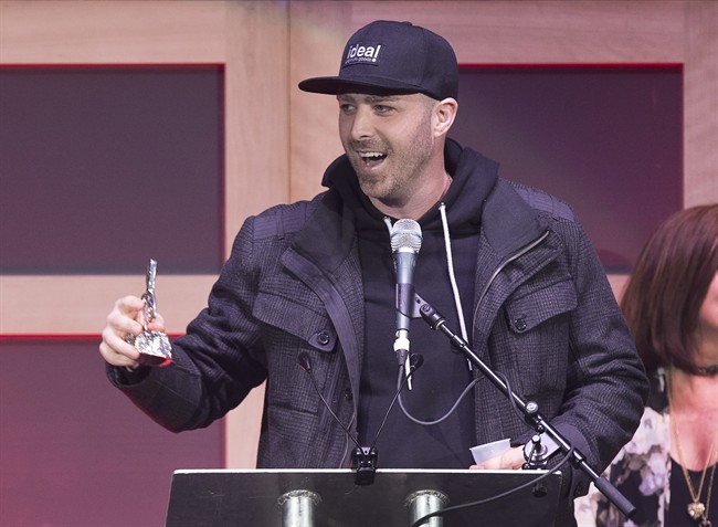 Classified addresses the crowd after winning the song of the year award for No Pressure at the 2017 East Coast Music Awards gala in Saint John, N.B. on Thursday, April 27, 2017. 