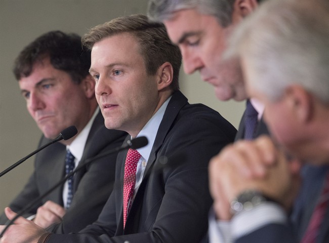 New Brunswick Premier Brian Gallant, flanked by Fisheries Minister Dominic LeBlanc, left, Newfoundland and Labrador Premier Dwight Ball, right and Nova Scotia Premier Stephen McNeil, hosts a meeting of Atlantic premiers in Saint John, N.B. on Wednesday, April 12, 2017. 