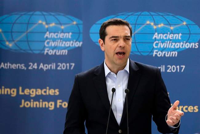 Greek Prime Minister Alexis Tsipras delivers a speech during the "Ancient Civilizations Forum" (ACForum) at Zappeio Conference Hall in Athens, Monday, April 24, 2017. Foreign Ministers and top officials from various countries attended the forum being held in the Greek capital.