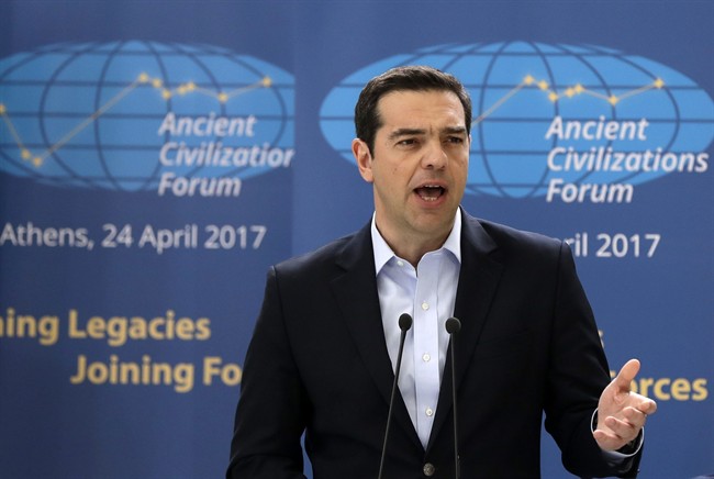 Greek Prime Minister Alexis Tsipras delivers a speech during the "Ancient Civilizations Forum" (ACForum) at Zappeio Conference Hall in Athens, Monday, April 24, 2017. Foreign Ministers and top officials from various countries attended the forum being held in the Greek capital.