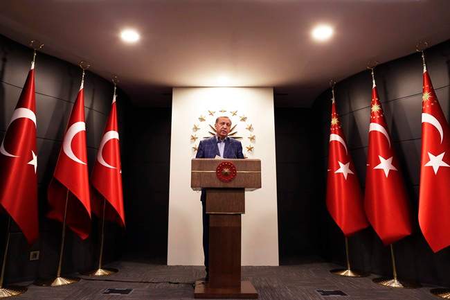 Turkey\’s President Recep Tayyip Erdogan makes statements in Istanbul, on Sunday, April 16, 2017. Erdogan declared victory in Sunday\’s historic referendum that will grant sweeping powers to the presidency, hailing the result as a \”historic decision.\”