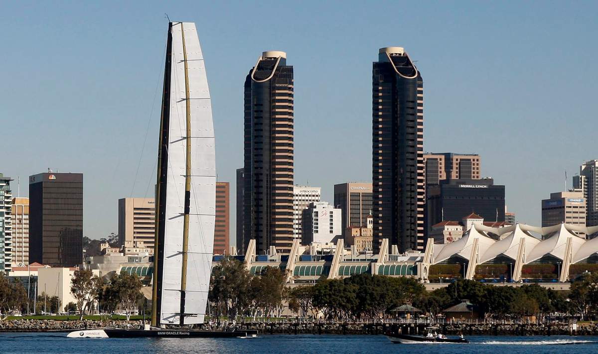 In this Nov. 25, 2009 file photo, The BMW Oracle trimaran sails past the San Diego skyline during testing in San Diego.