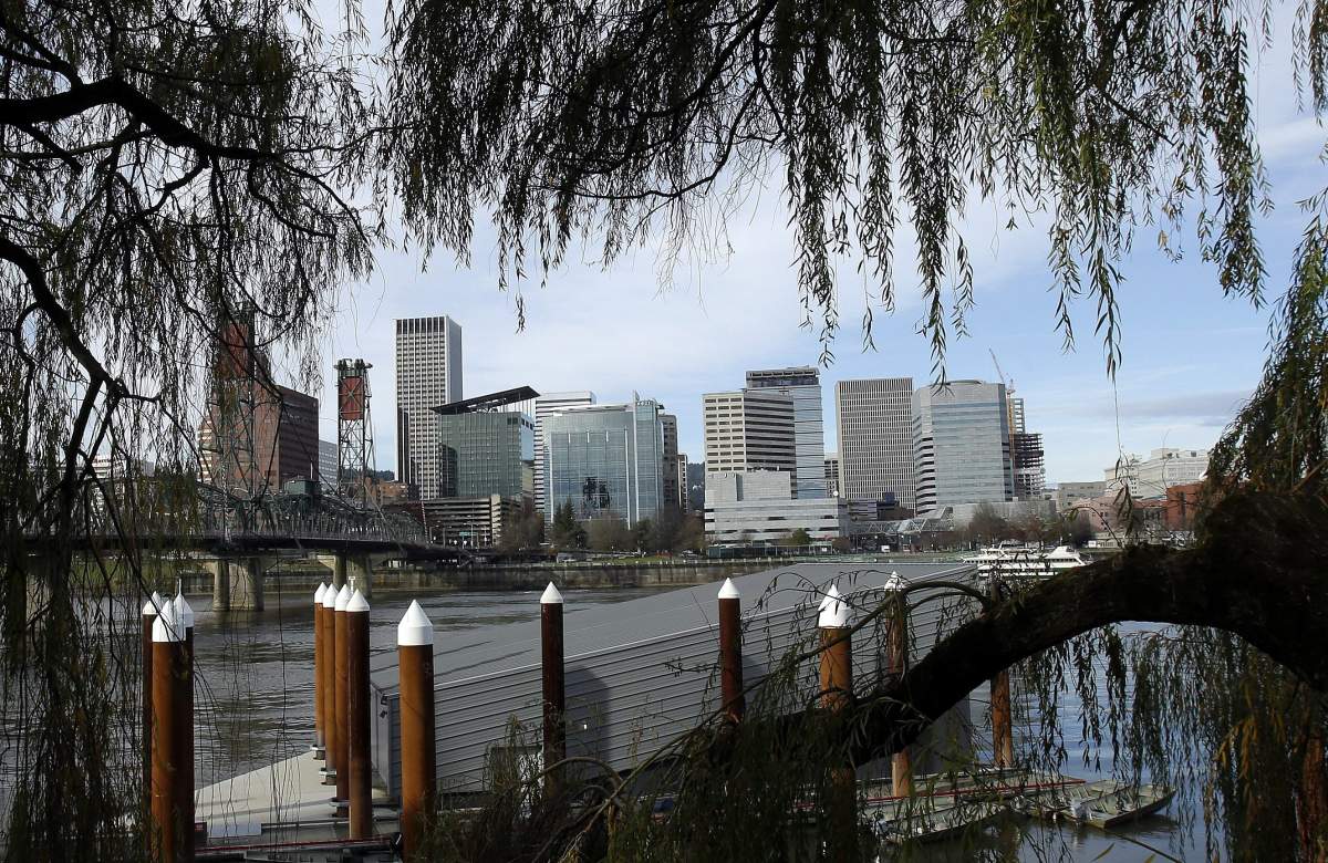 The Portland skyline is visible through trees on the east bank of the Willamette River in Portland, Ore., Wednesday, Dec. 3, 2014.