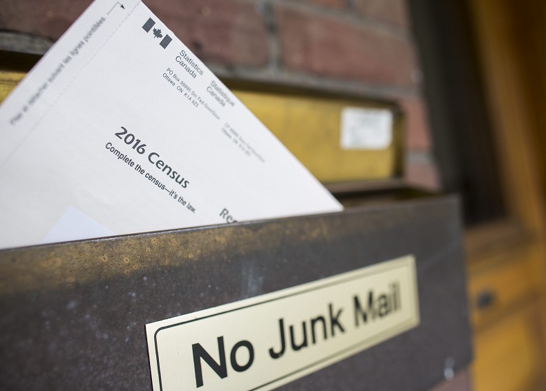 A copy of Statistics Canada's 2016 Long-Form Census mailer is seen in the mailbox of a residence in Toronto.