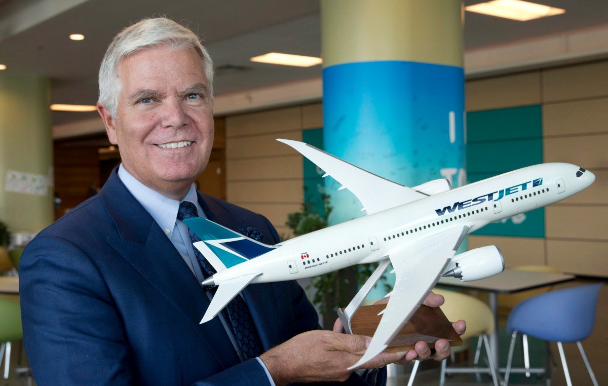 WestJet Airlines President & CEO Gregg Saretsky holds a model of the Boeing 787 Dreamliner after the purchase of this airplane was announced at the company's annual general meeting in Calgary, Alta. on Tuesday, May 2, 2017. THE CANADIAN PRESS/Larry MacDougal.