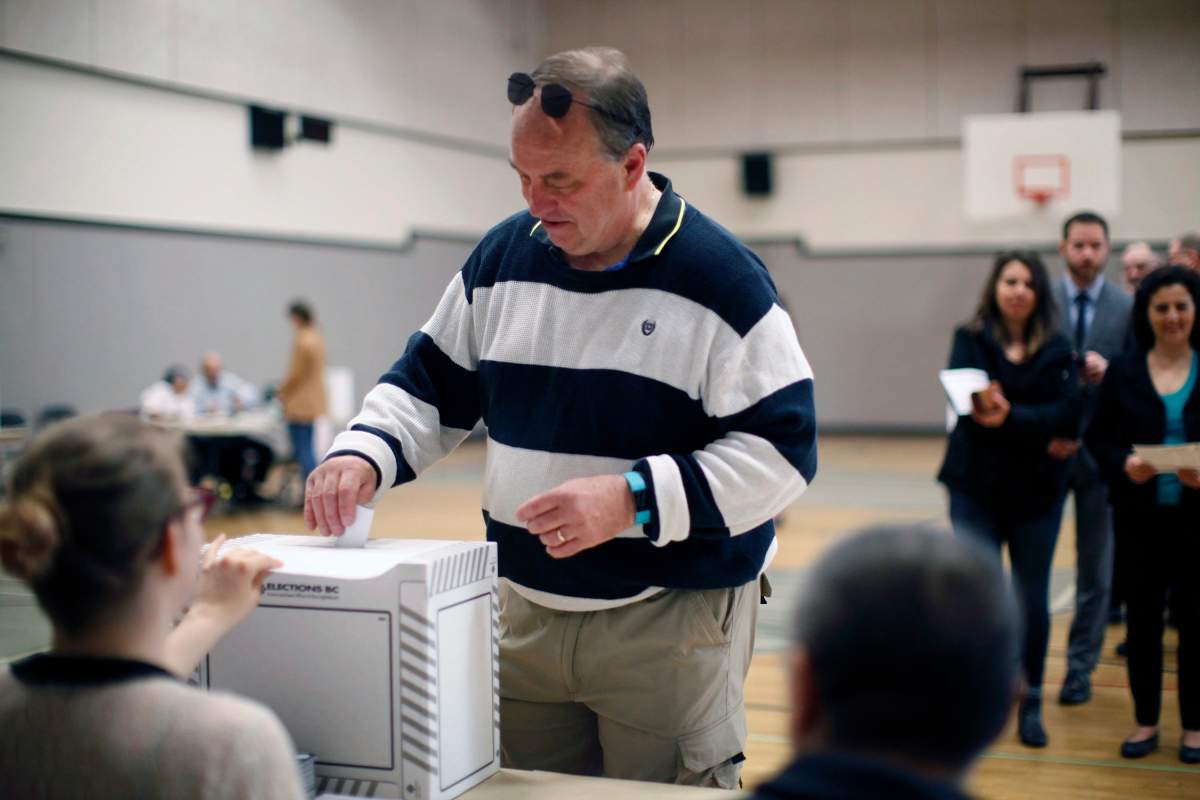 B.C. Green party leader Andrew Weaver casts his ballot at Gordon Head Middle School on election day in Victoria, B.C., on Tuesday, May 9, 2017. THE CANADIAN PRESS/Chad Hipolito.