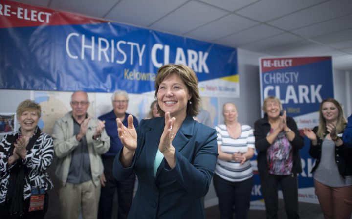 B.C. Liberal leader Christy Clark visits her campaign headquarters in West Kelowna, B.C., Tuesday, May 9, 2017.
