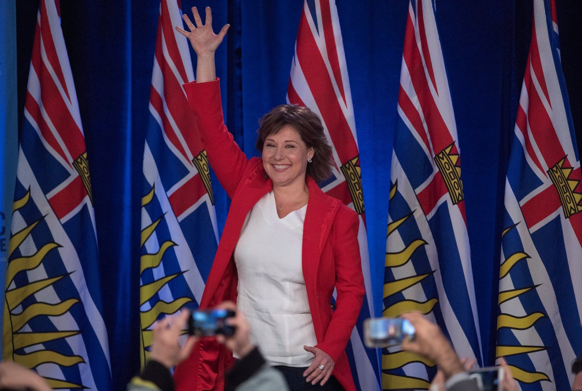B.C. Liberal leader Christy Clark waves to the crowd following the B.C. Liberal election in Vancouver, B.C., Wednesday, May 10, 2017. THE CANADIAN PRESS/Jonathan Hayward.
