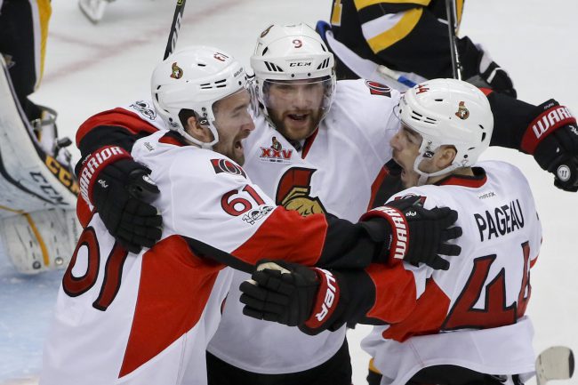 Ottawa Senators' Jean-Gabriel Pageau (44) celebrates with teammates Mark Stone (61) and Bobby Ryan (9) after scoring against the Pittsburgh Penguins during the first period of Game 1 of the Eastern Conference final in the NHL hockey Stanley Cup playoffs, Saturday, May 13, 2017, in Pittsburgh.