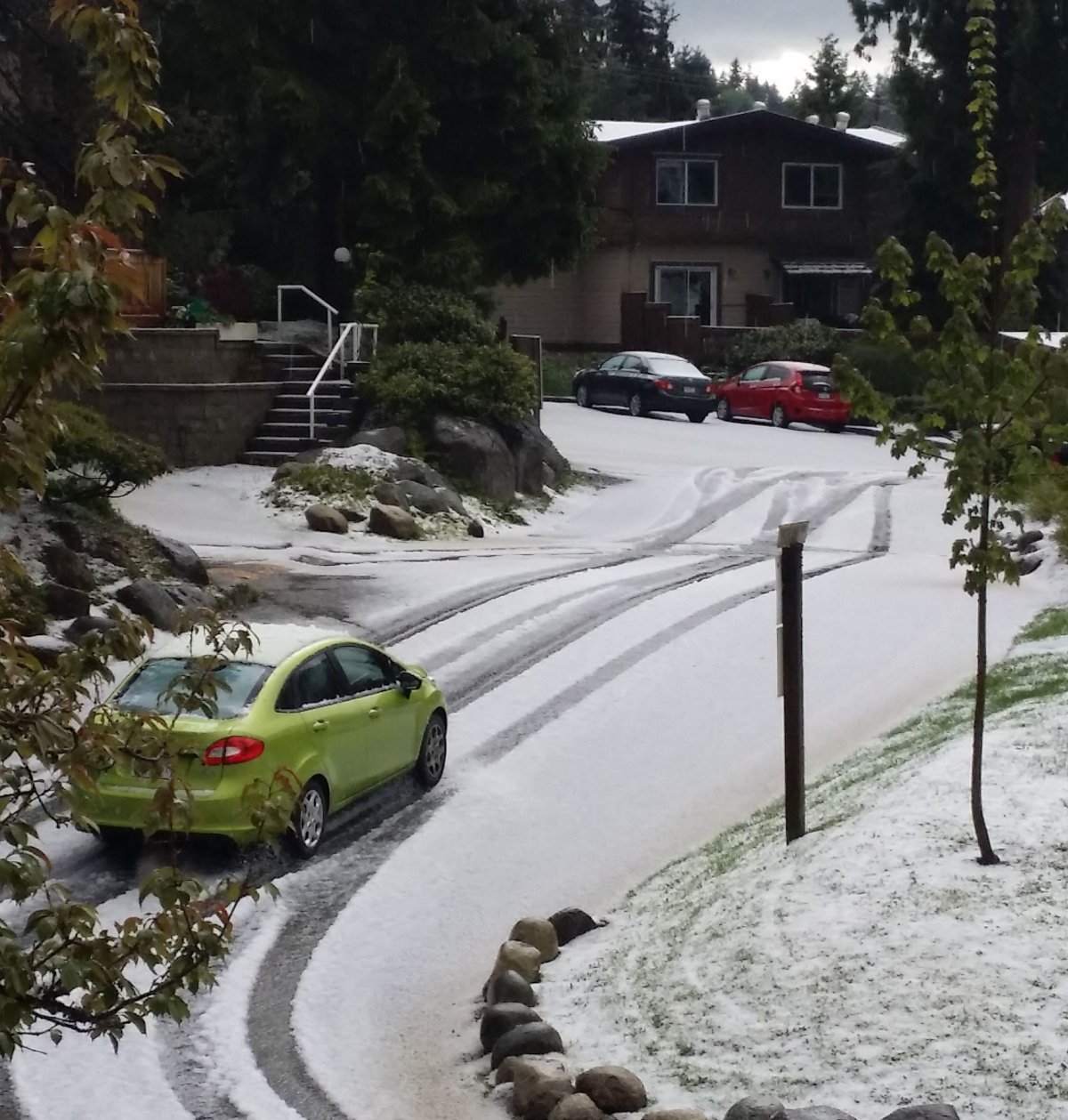 This shot from Port Moody shows just how much hail fell over a short time Friday afternoon as a storm passed through the region.