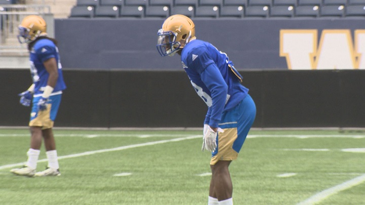 Winnipeg Blue Bombers safety Abubakarr Conteh practices on Thursday at Investors Group Field.