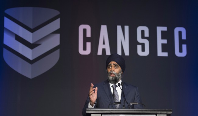 FILE: Minister of National Defence Minister Harjit Sajjan speaks at the Canadian Association of Defence and Security conference in Ottawa, Wednesday May 31, 2017.
