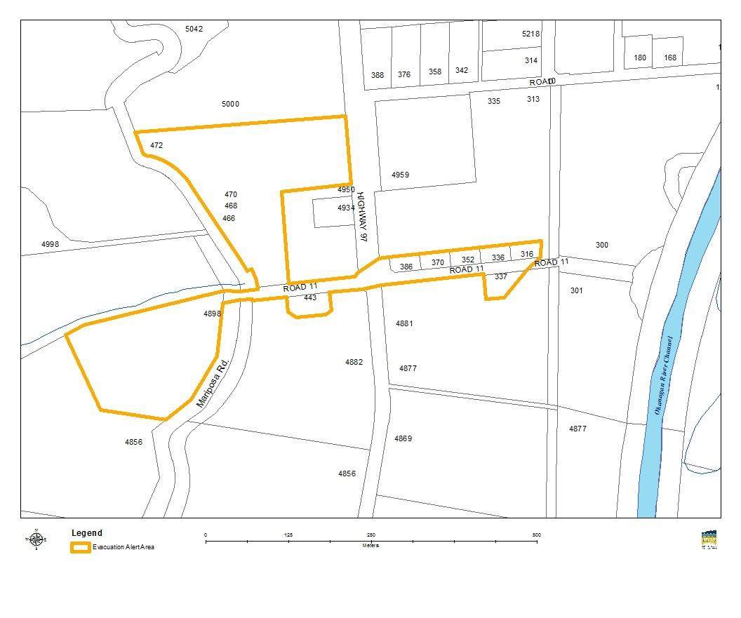 A map of the area south of Oliver covered by an evacuation alert. 