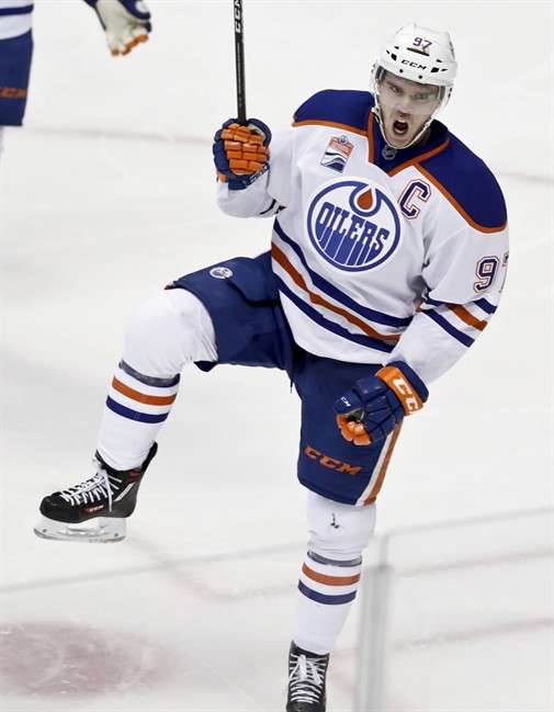 Edmonton Oilers centre Connor McDavid celebrates after scoring against the Anaheim Ducks during the second period in Game 5 of a second-round NHL hockey Stanley Cup playoff series in Anaheim, Calif., Friday, May 5, 2017.