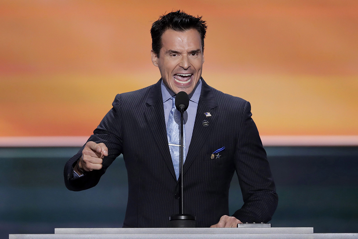 Actor Antonio Sabato, Jr., speaks during the opening day of the Republican National Convention in Cleveland, Monday, July 18, 2016. 