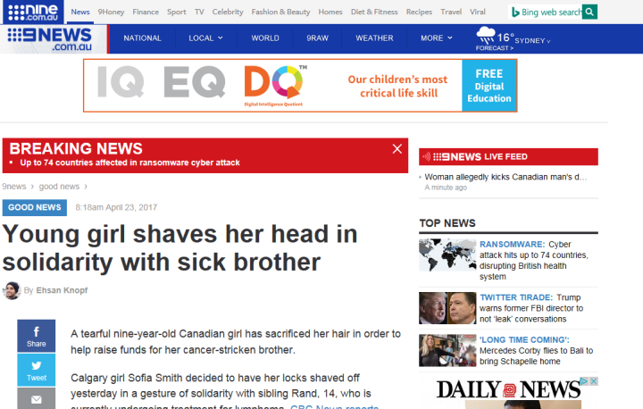 News story on Sofia Smith from Australia
