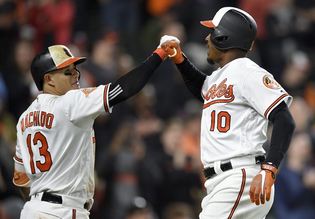 Baltimore Orioles' Adam Jones (1) celebrates his home run with Manny Machado (13) during the eighth inning of an interleague baseball game against the Washington Nationals, Tuesday, May 9, 2017, in Baltimore.