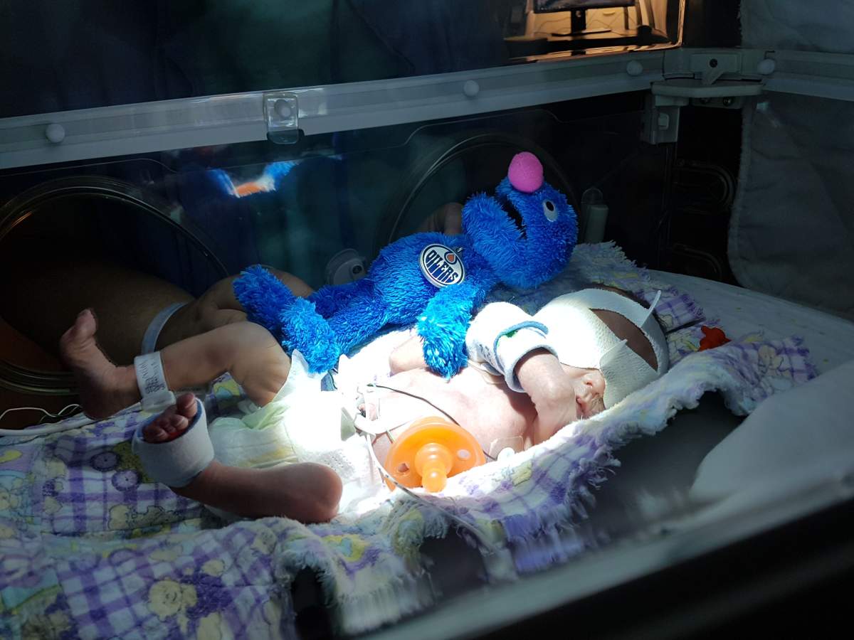 An Edmonton Oilers fan continued to listen to an Oilers playoff game while in labor at a Red Deer hospital.