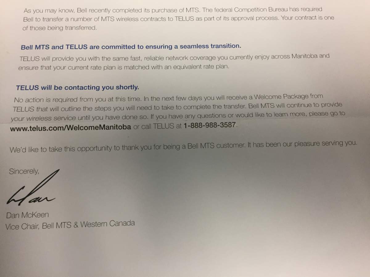Bell MTS is sending out transition letters to 100,000 customers.