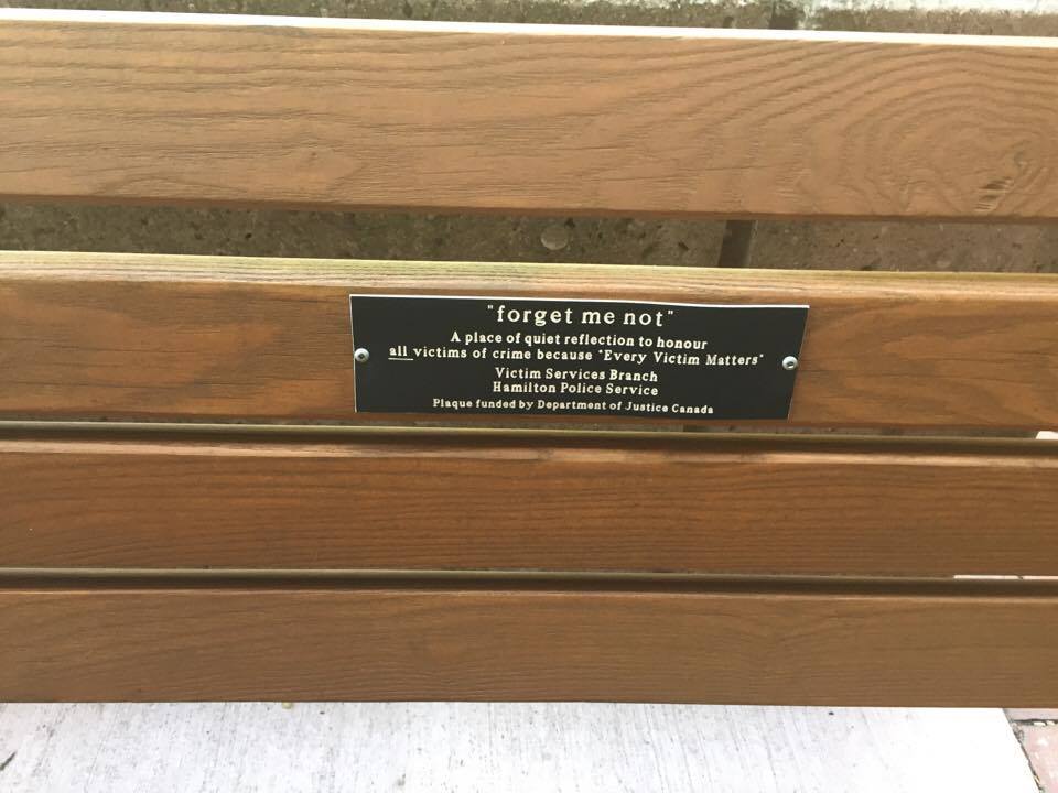 Benches rededicated by Hamilton Police to the victims and survivors of crime.