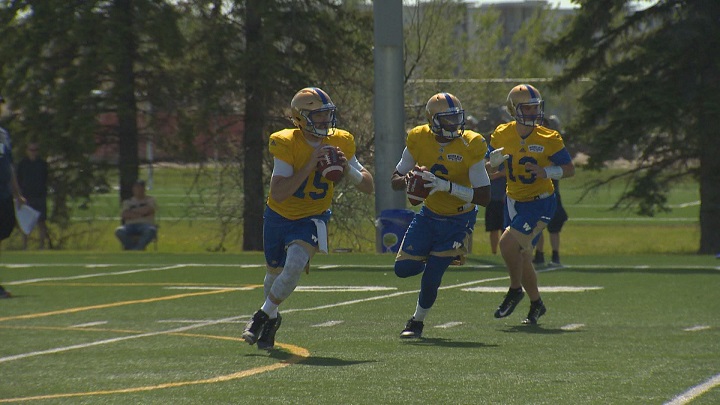 Players on the Winnipeg Blue Bombers take part in the opening day of rookie camp.