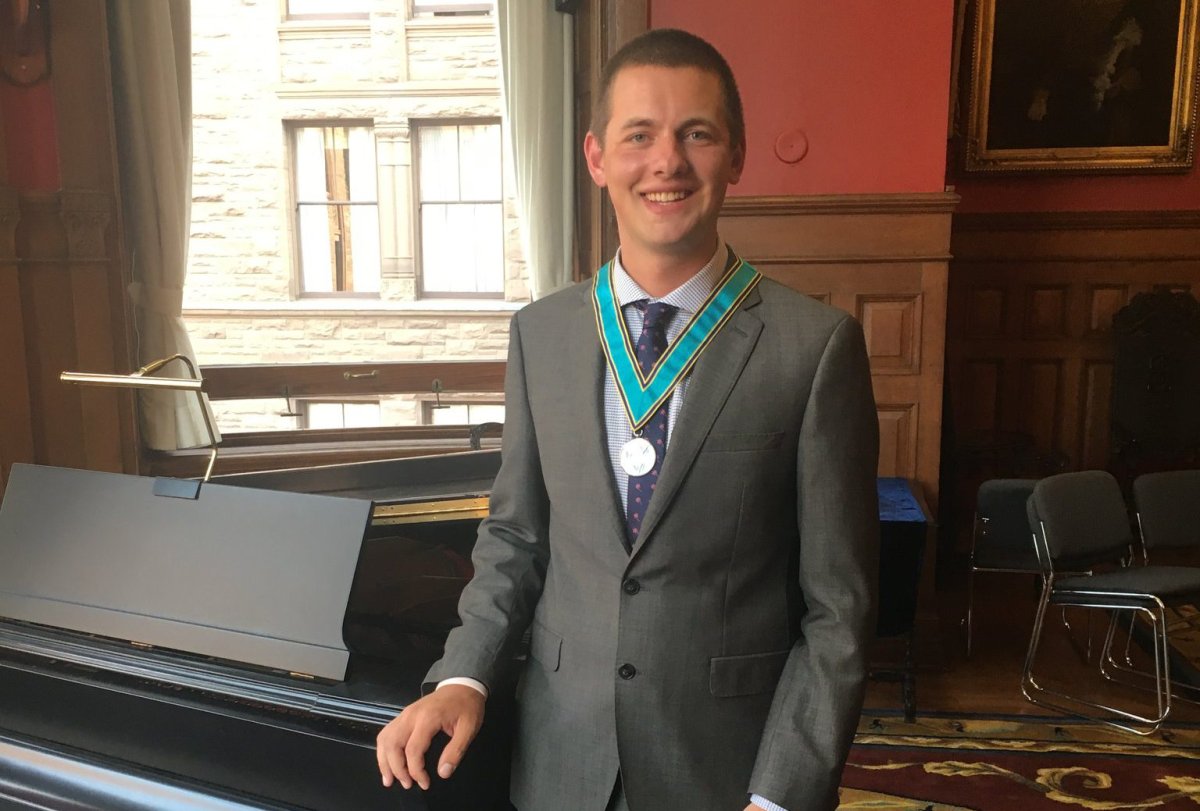 Justin Tiseo with his Ontario Medal for Young Volunteers at Queens Park, May 10, 2017.