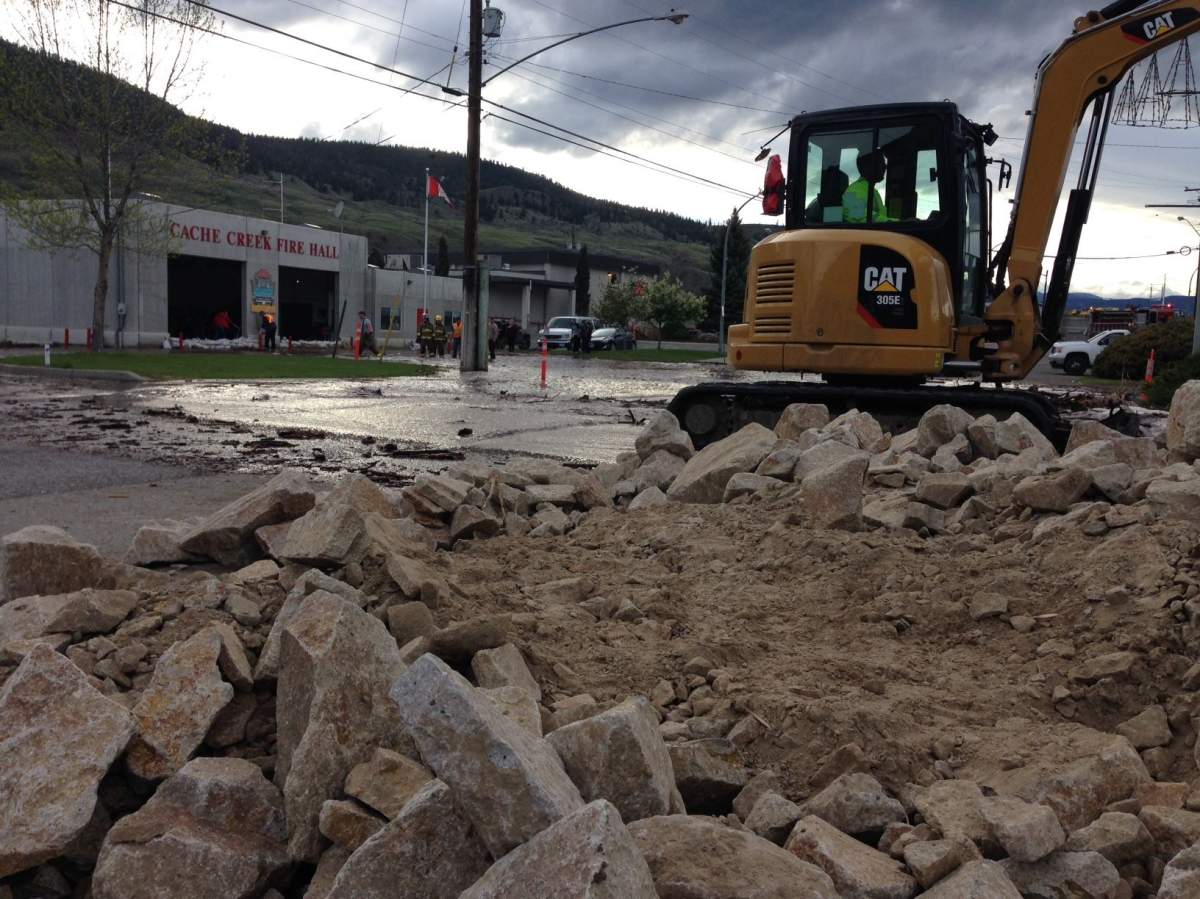 The Cache Creek Fire Hall can be seen in the distance as rivers and creeks jumped their banks on May 5, 2017.