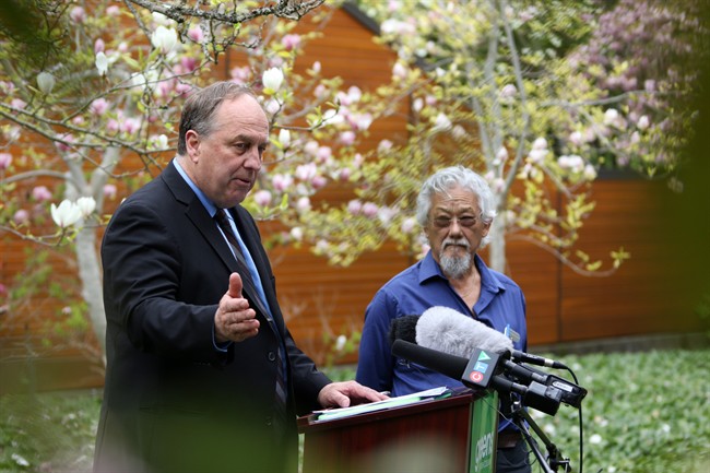 B.C. Green party leader Andrew Weaver speaks to media at the University of Victoria with David Suzuki who announced his endorsement for the Green party during a campaign stop in Victoria, B.C., on Wednesday, May 3, 2017.