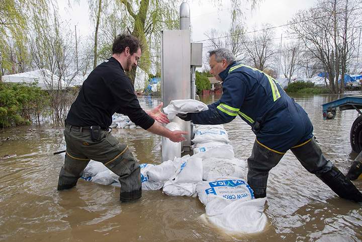 Volunteers place sandbags around an electrical panel in the town of Hudson, Que., west of Montreal, Monday, May 8, 2017, following flooding in the region.