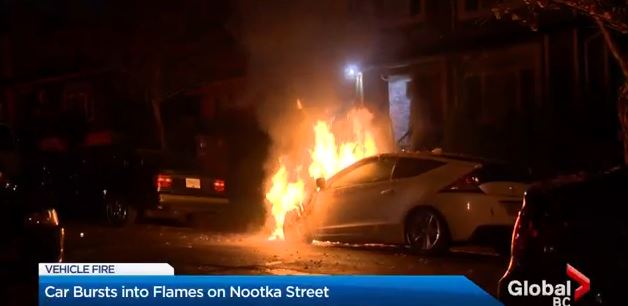 A car on fire on Nootka Street early Thursday morning.