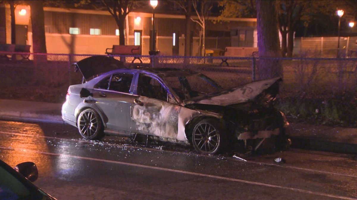 The arson squad will investigate after a suspicious car fire in the Villeray-Saint-Michel-Parc Extension borough, Wednesday, May 10, 2017.