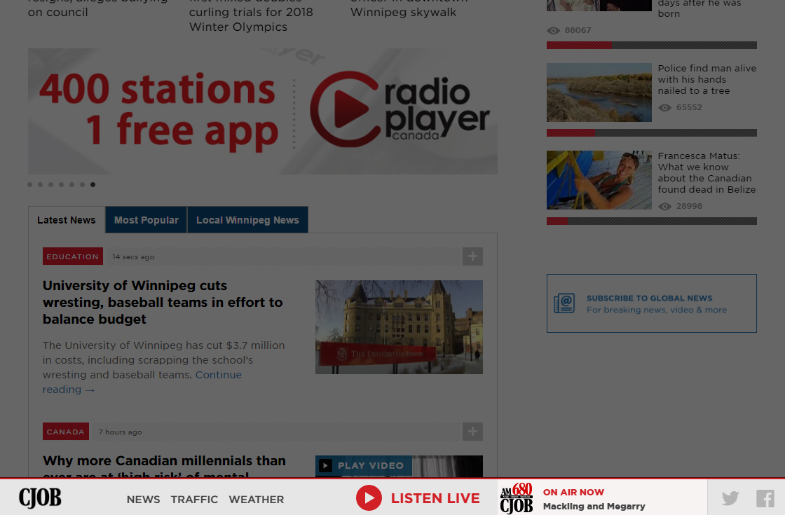 The radio player sticky will appear at the bottom of all CJOB articles.