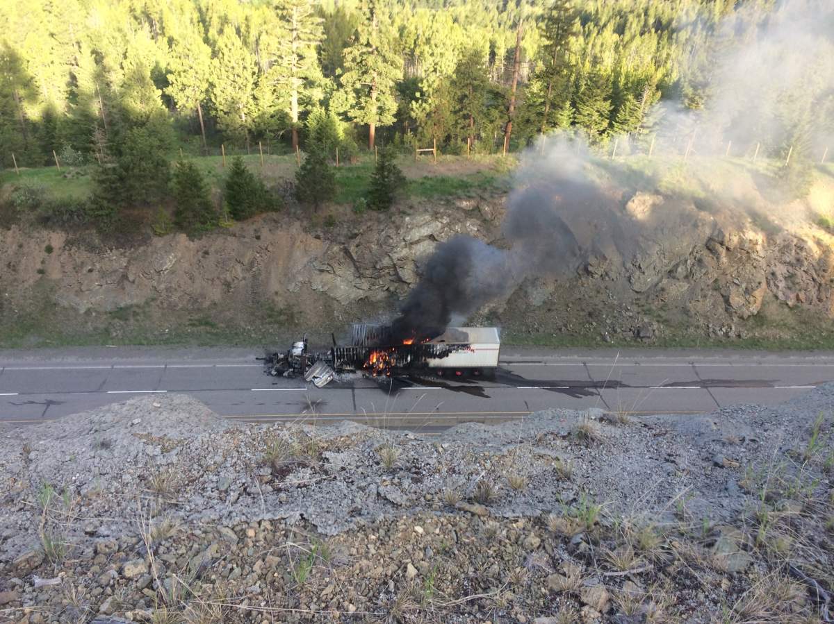 This semi fire has closed the Coquihalla Highway this holiday Monday.