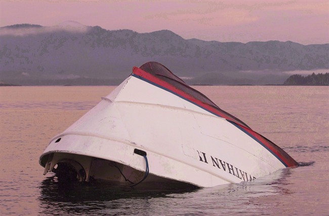 The bow of the Leviathan II, a whale-watching boat owned by Jamie's Whaling Station, is seen near Vargas Island, Tuesday, October 27, 2015 as it waits to be towed into Tofino, B.C., for inspection.