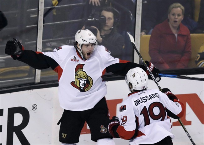 Ottawa Senators' Bobby Ryan, left, is congratulated by Derick Brassard after his goal during Game 4 of the first-round NHL playoff series in Boston in April.