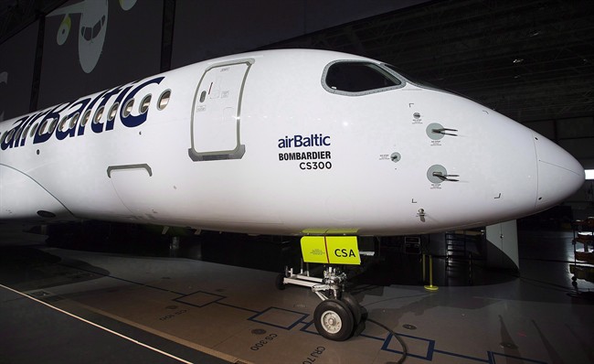 A Bombardier CS300 is shown during a ceremony to mark the first delivery of the commercial jetliner to Air Baltic in Mirabel, Que., Monday, November 28, 2016. The next potential Canada-U.S. trade dispute is unfolding today in a Washington, D.C., courtroom.A U.S. aeronautics powerhouse is at a hearing arguing for duties on Bombardier aircraft.