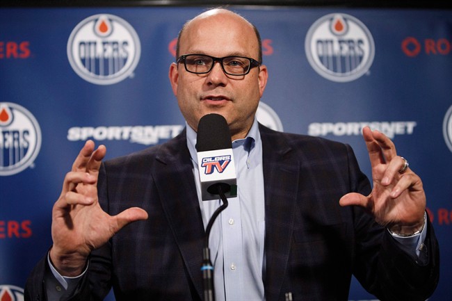 Edmonton Oilers general manager Peter Chiarelli speaks to the media during the Oilers' end-of-the-year press conference in Edmonton, Alta., on Sunday, April 10, 2016.