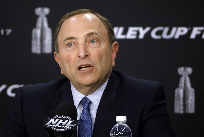 NHL Commissioner Gary Bettman speaks to the media before Game 1 of the NHL hockey Stanley Cup Finals between the Pittsburgh Penguins and the Nashville Predators, Monday, May 29, 2017, in Pittsburgh. 