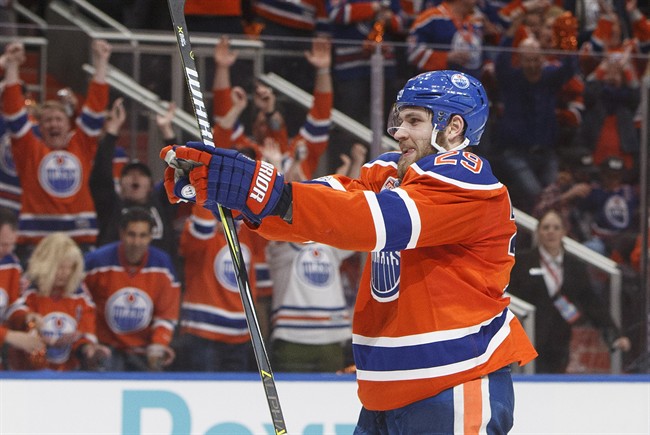 Edmonton Oilers' Leon Draisaitl (29) celebrates a goal against the Anaheim Ducks during the second period in game six of a second-round NHL hockey Stanley Cup playoff series in Edmonton on Sunday, May 7, 2017.