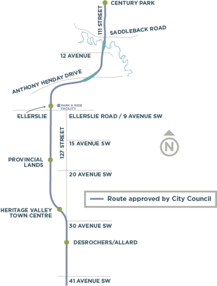 The approved plan for extending the south Edmonton leg of the Edmonton Transit System Capital Line LRT from Century Park to the Heritage Valley area.