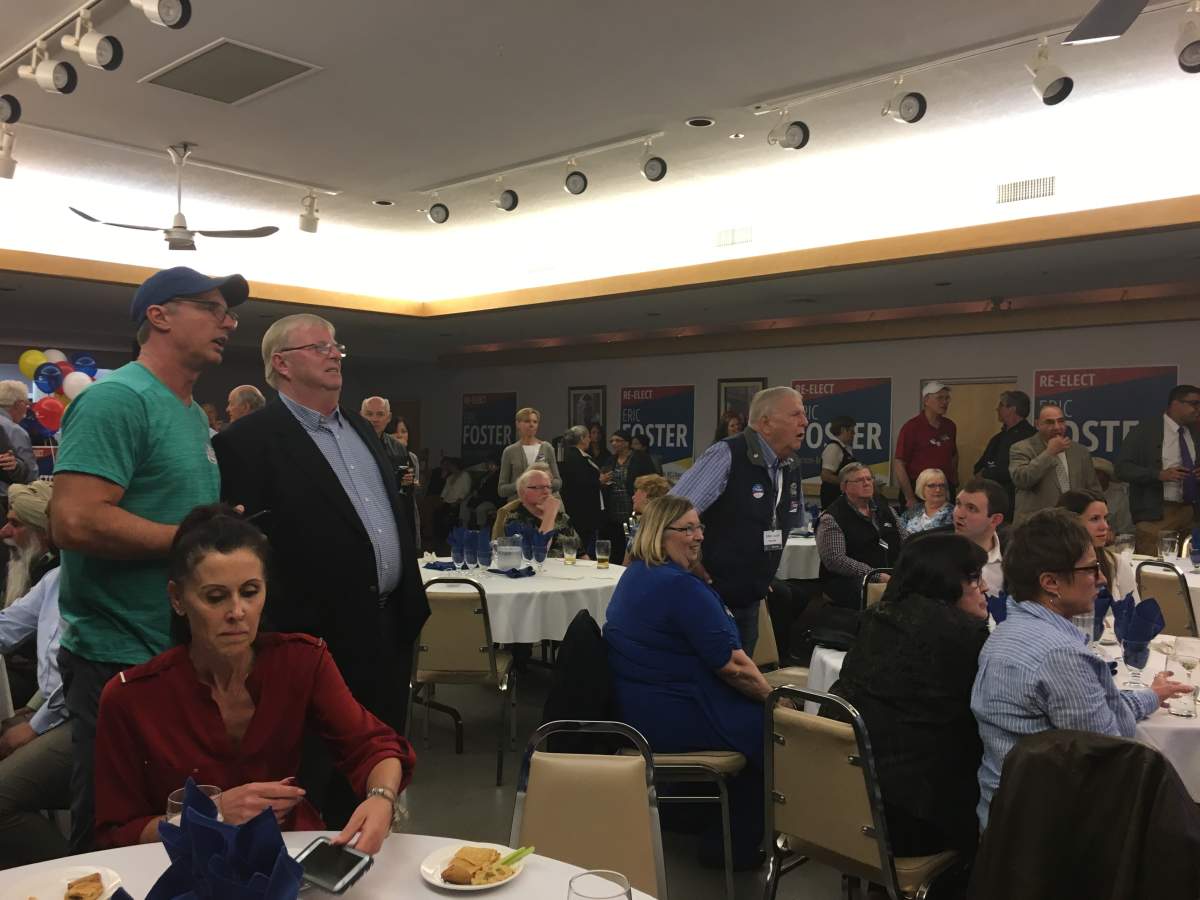 Eric Foster, re-elected Vernon-Monashee Liberal, watches results come in at the Schubert Centre Tuesday night. 