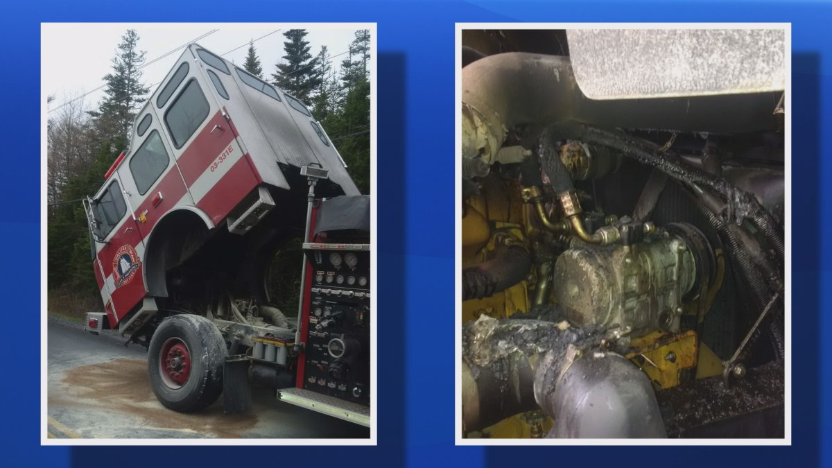 Photos show the damaged fire truck and the vehicle's engine after the truck caught fire.