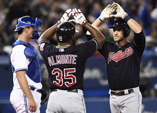 Cleveland Indians catcher Yan Gomes is congratulated by Indians right fielder Abraham Almonte after hitting a three-run home run against the Toronto Blue Jays on May 9, 2017.