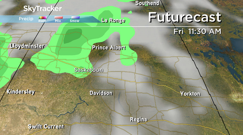 Unsettled weather moves into central Saskatchewan on Friday as an upper trough pushes in.